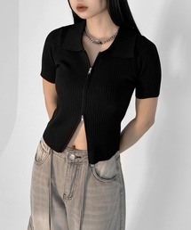 【LVEU.】半袖ダブルジップニットトップス / トップス リブ ニット カーディガン 羽織り Wジップ 半袖 ダブルジップ ファスナー クロップド ショート コンパクト ブラック ブルー ホワイト