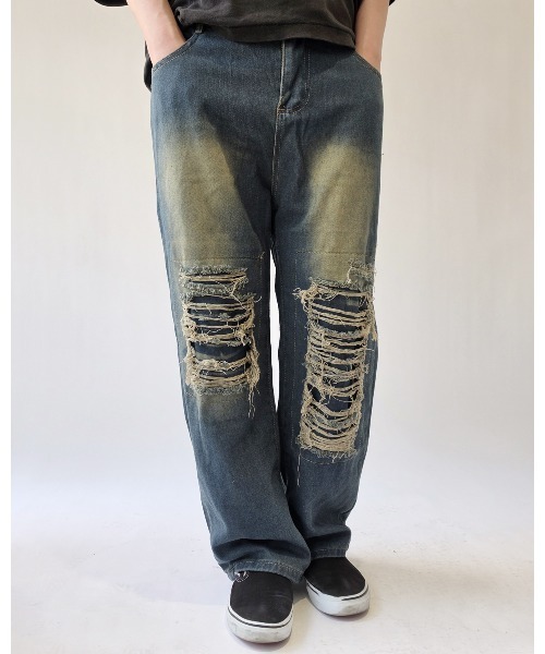 STYLE NUMBER(スタイルナンバー)の「【 STYLE NUMBER / スタイルナンバー 】 ラフシルエット アシンメトリー ダメージ デニム(デニムパンツ・メンズ・ブラック/インディゴブルー・XL/2XL/3XL)」の2枚目の写真