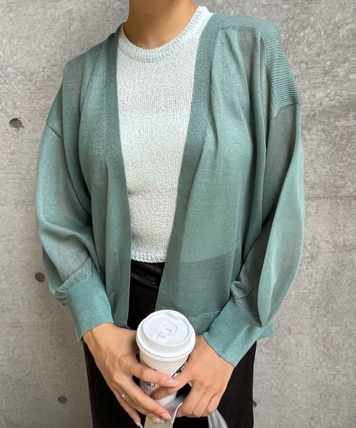ENIM BY VICKY（エニムバイビッキー）の「強撚ラメスリットウォッシャブルトッパーカーディガン《手洗い可能》（カーディガン/ボレロ・レディース・グリーン/イエロー・M）」の2枚目の写真