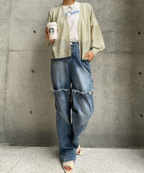 ENIM BY VICKY（エニムバイビッキー）の「強撚ラメスリットウォッシャブルトッパーカーディガン《手洗い可能》（カーディガン/ボレロ・レディース・グリーン/イエロー・M）」の9枚目の写真