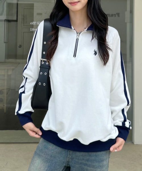 本日中のみ　あさむい　コンフィーポロスウェットプルオーバーホワイト quaranciel:〈洗濯機可能〉ポンチ ロゴプリント ポロ スウェット