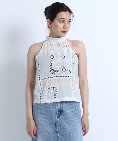 eL（エル）の「【eL】 Panel Lace Halterneck Shirt/125344（シャツ/ブラウス・レディース・オフホワイト/ブラック・FREE）」の2枚目の写真