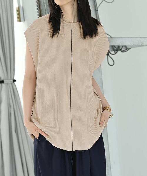 STYLE DELI(スタイルデリ)の「【BLK001】配色ラインリブノースリニット(ニット/セーター・レディース・グリーン/アイボリー/ブラック・FREE)」の10枚目の写真