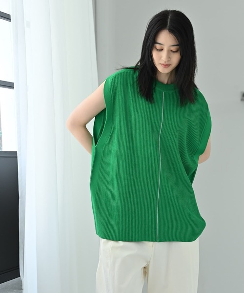 STYLE DELI(スタイルデリ)の「【BLK001】配色ラインリブノースリニット(ニット/セーター・レディース・グリーン/アイボリー/ブラック・FREE)」の13枚目の写真