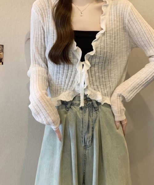 SHEPP（シープ）の「フロントリボン フリル シアーカーディガン/薄手 長袖 【日焼け・冷房対策】（カーディガン/ボレロ・レディース・ホワイト/アイボリー/ブラック・F）」の15枚目の写真