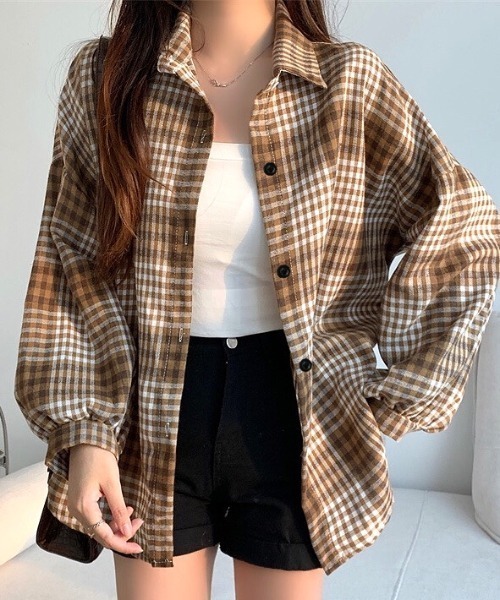 起毛チェックシャツ　ブラウン　L セール】ソフトタッチボリュームスリーブ起毛チェックシャツ（シャツ