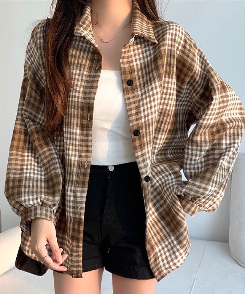 セール】ソフトタッチボリュームスリーブ起毛チェックシャツ（シャツ