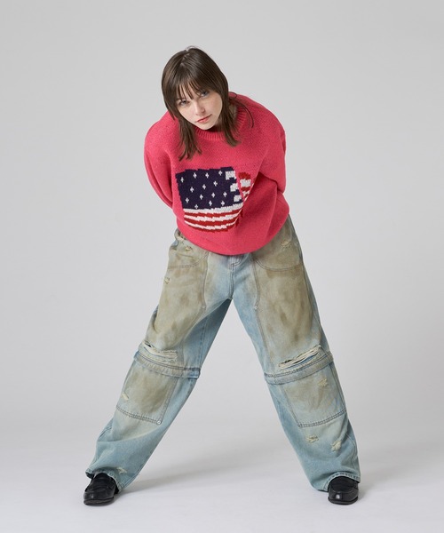 WISH FOR EVER（ウィッシュフォーエバー）の「DAMAGE FLAG KNIT/ダメージフラッグニット（ニット/セーター・メンズ・ホワイト/ブラック/チャコールグレー/ピンク/レッド/ネイビー・MEDIUM/LARGE/SMALL）」の15枚目の写真