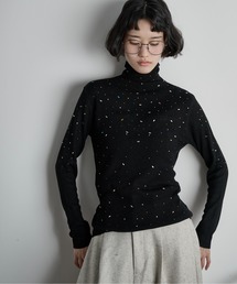 カラフルビジューウールブレンドハイネックリブニットトップス