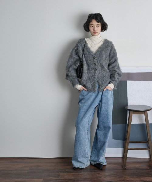 セール】カラフルビジューウールブレンドハイネックリブニットトップス