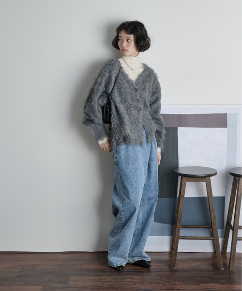 カラフルビジューウールブレンドハイネックリブニットトップス（ニット