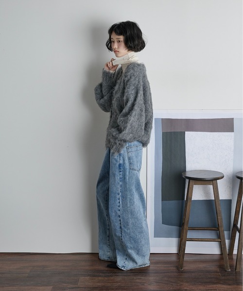 カラフルビジューウールブレンドハイネックリブニットトップス（ニット