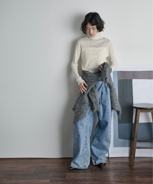 カラフルビジューウールブレンドハイネックリブニットトップス（ニット