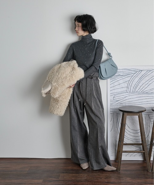 カラフルビジューウールブレンドハイネックリブニットトップス（ニット