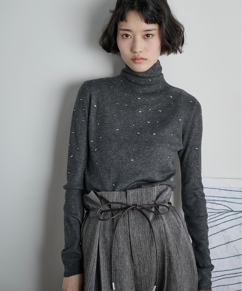 カラフルビジューウールブレンドハイネックリブニットトップス（ニット