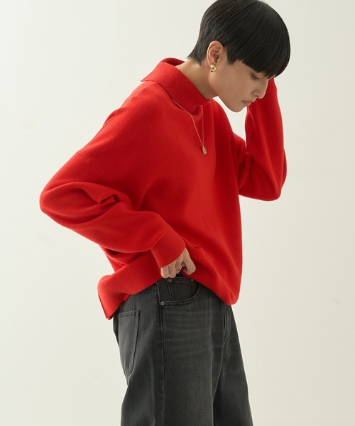 6 ROKU ロク　コットンパネルボーダータートルネックプルオーバー　レッド 赤 RBC】【秋冬】ウールタートルネックニットセーター/レッド/ZEGNA