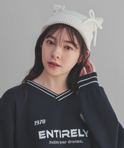 Honeys（ハニーズ）の「リボン付ネコ耳ニット帽（ニットキャップ/ビーニー・レディース・アイボリー/ブラック/ピンク・FREE）」の5枚目の写真