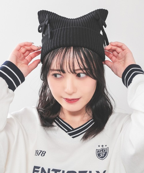 Honeys（ハニーズ）の「リボン付ネコ耳ニット帽（ニットキャップ/ビーニー・レディース・アイボリー/ブラック/ピンク・FREE）」の10枚目の写真