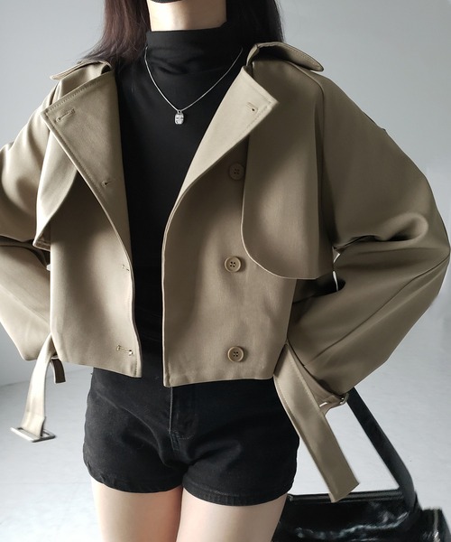 me+em select(ミームセレクト)の「※【 2color 】ベルテッドショートトレンチコート / belted short trench coat(トレンチコート・レディース・ブラック/ベージュ・FREE)」の2枚目の写真