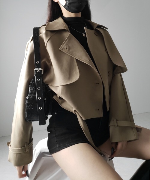 me+em select(ミームセレクト)の「※【 2color 】ベルテッドショートトレンチコート / belted short trench coat(トレンチコート・レディース・ブラック/ベージュ・FREE)」の4枚目の写真