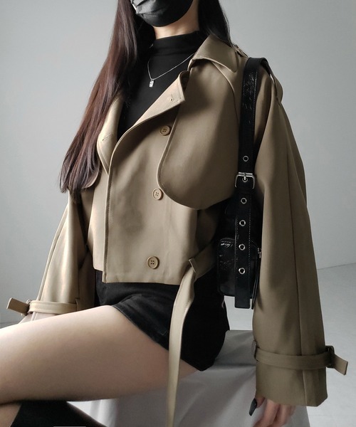 me+em select(ミームセレクト)の「※【 2color 】ベルテッドショートトレンチコート / belted short trench coat(トレンチコート・レディース・ブラック/ベージュ・FREE)」の5枚目の写真