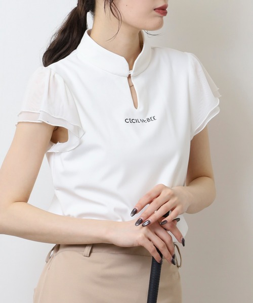 CECIL McBEE（セシルマクビー）の「袖チュールスタンドカラー半袖プルオーバー（Tシャツ/カットソー・レディース・ホワイト/ブラック・2(M)/1(S)）」の2枚目の写真