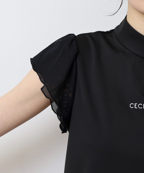 CECIL McBEE（セシルマクビー）の「袖チュールスタンドカラー半袖プルオーバー（Tシャツ/カットソー・レディース・ホワイト/ブラック・2(M)/1(S)）」の4枚目の写真