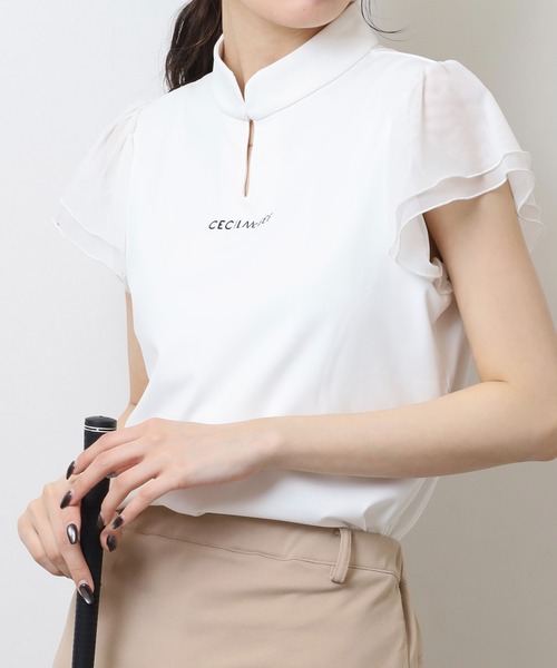 CECIL McBEE（セシルマクビー）の「袖チュールスタンドカラー半袖プルオーバー（Tシャツ/カットソー・レディース・ホワイト/ブラック・2(M)/1(S)）」の7枚目の写真