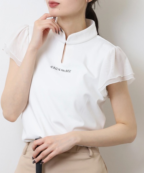 CECIL McBEE（セシルマクビー）の「袖チュールスタンドカラー半袖プルオーバー（Tシャツ/カットソー・レディース・ホワイト/ブラック・2(M)/1(S)）」の8枚目の写真