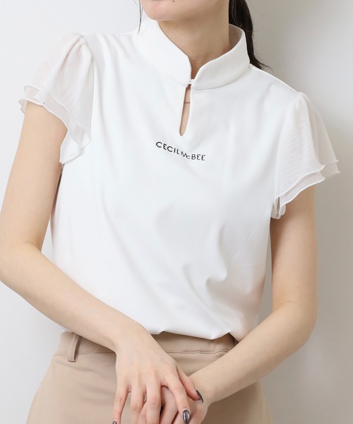 CECIL McBEE（セシルマクビー）の「袖チュールスタンドカラー半袖プルオーバー（Tシャツ/カットソー・レディース・ホワイト/ブラック・2(M)/1(S)）」の9枚目の写真