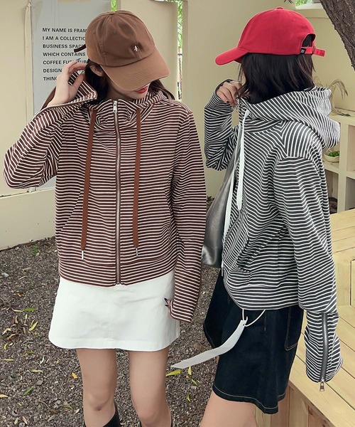 aimoha(アイモハ)の「ボーダー柄ジップアップ(パーカー・レディース・チョコ/ブラック/ライトグレー/ホワイト/ダークグレー・FREE)」の12枚目の写真