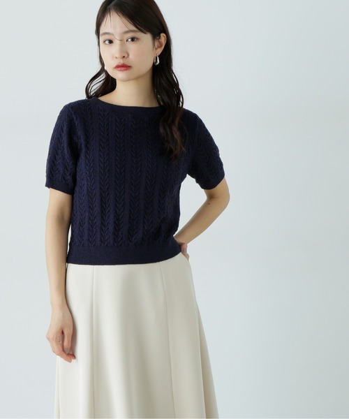 N.(N. Natural Beauty Basic)(エヌエヌナチュラルビューティーベーシック)の「ミニケーブル半袖ニット(ニット/セーター・レディース・オフホワイト/ブルー/ネイビー/ピンク・MEDIUM)」の8枚目の写真