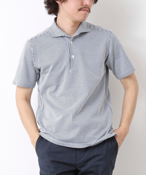 NOLLEY’S(ノーリーズ)の「《ビジカジ対応》ハイゲージサッカーストライプ ワンピースカラーポロ ビズポロ 25SS(ポロシャツ・メンズ・ホワイト/ネイビー/サックスブルー/ブルー系その他・S/M/L/XL)」の4枚目の写真