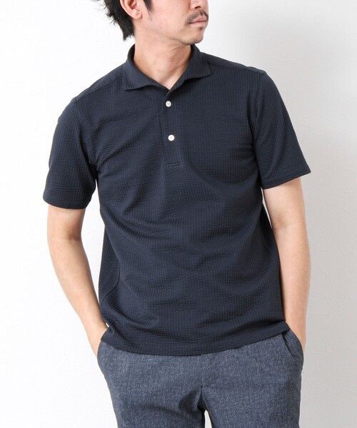 NOLLEY’S(ノーリーズ)の「《ビジカジ対応》ハイゲージサッカーストライプ ワンピースカラーポロ ビズポロ 25SS(ポロシャツ・メンズ・ホワイト/ネイビー/サックスブルー/ブルー系その他・S/M/L/XL)」の1枚目の写真