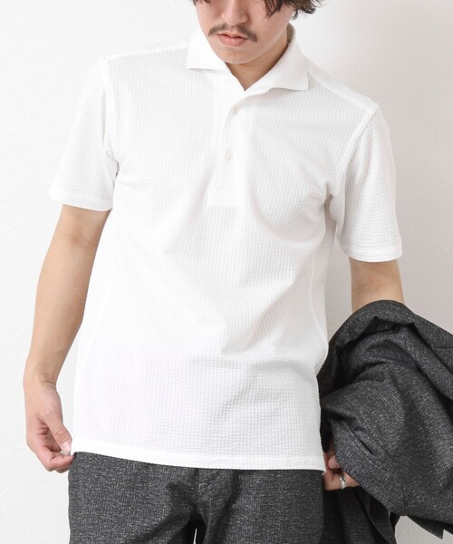 NOLLEY’S(ノーリーズ)の「《ビジカジ対応》ハイゲージサッカーストライプ ワンピースカラーポロ ビズポロ 25SS(ポロシャツ・メンズ・ホワイト/ネイビー/サックスブルー/ブルー系その他・S/M/L/XL)」の2枚目の写真