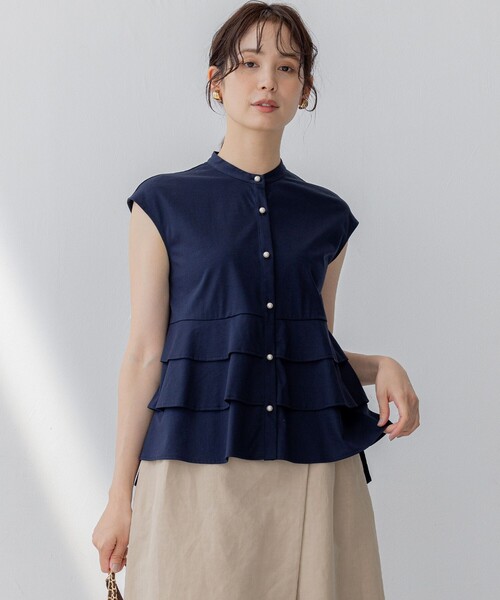 組曲 L(クミキョク オオキイサイズ)の「プレーティング天竺ティアード カットソー(Tシャツ/カットソー・レディース・ネイビー系/サックスブルー系/アイボリー系・6/5)」の1枚目の写真