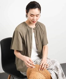 [小さいサイズ]ギャザーブラウス ストライプ柄(セットアップ対応/ドライタッチ) 小さいサイズ]ギャザーブラウス ストライプ柄(セットアップ対応