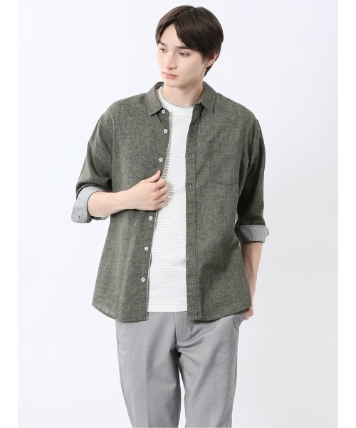 m.f.editorial（エムエフエディトリアル）の「【リネン混】m.f.エディトリアル メンズ レギュラーカラー 7分袖 シャツ（シャツ/ブラウス・メンズ・ネイビー/ブラック/カーキ/ブルー・MEDIUM/LARGE/X-LARGE）」の3枚目の写真