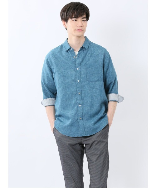 m.f.editorial（エムエフエディトリアル）の「【リネン混】m.f.エディトリアル メンズ レギュラーカラー 7分袖 シャツ（シャツ/ブラウス・メンズ・ネイビー/ブラック/カーキ/ブルー・MEDIUM/LARGE/X-LARGE）」の4枚目の写真