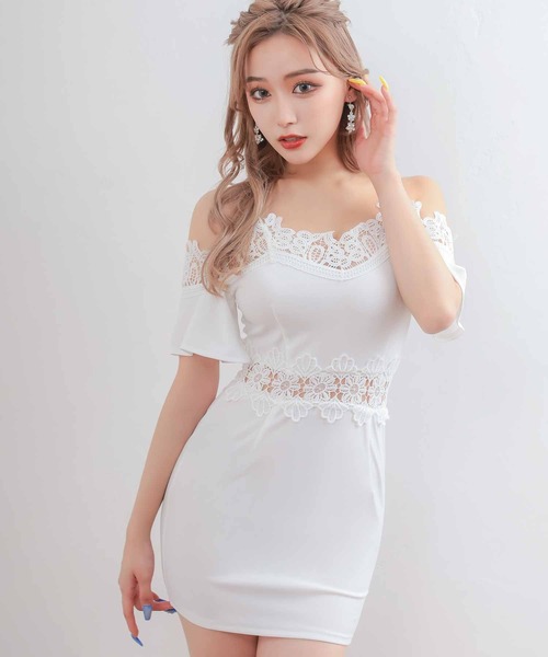 myMinette(マイミネット)の「キャバドレス ミニ タイト ノースリーブ 肩あきレース切替ドレス(ドレス・レディース・ブラック/ホワイト・SMALL/MEDIUM/X-LARGE/LARGE)」の2枚目の写真