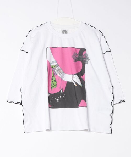 セール】152627：ネコ撫でプリント メローステッチTシャツ（T