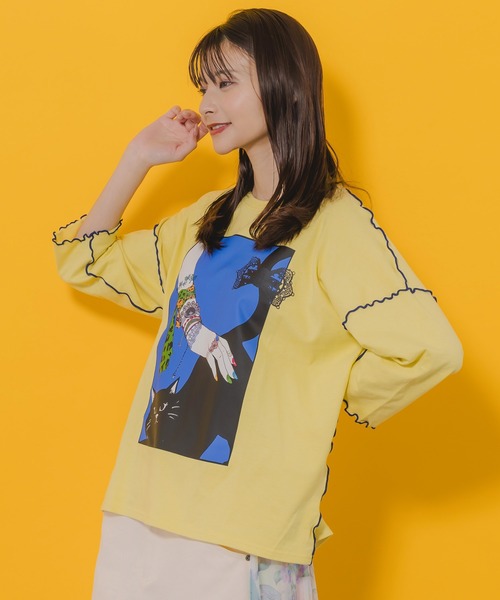 セール】152627：ネコ撫でプリント メローステッチTシャツ（T