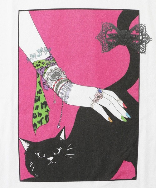 セール】152627：ネコ撫でプリント メローステッチTシャツ（T