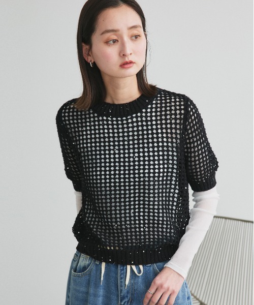 ad thie(アドティエ)の「スパンコール メッシュニット プルオーバー(ニット/セーター・レディース・ライトグレー/ベージュ/オフホワイト/ブラック・FREE)」の20枚目の写真