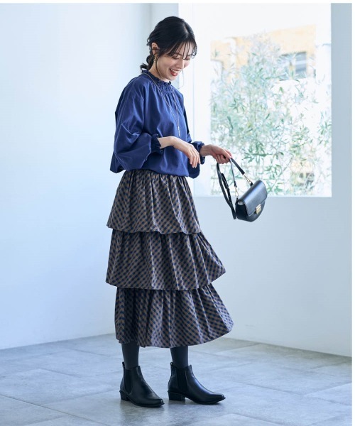 SMILE LAND（スマイルランド）の「チェック柄ティアードスカート＜大きいサイズ有＞【Otona Purete】（スカート・レディース・ベージュ系/ネイビー系・5L/4L/3L/LL/L/M）」の11枚目の写真