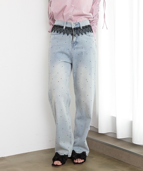 pink　Kastane レース　デニムパンツ 高身長サイズ追加/低身長サイズ/3サイズ展開/WEB限定サイズ