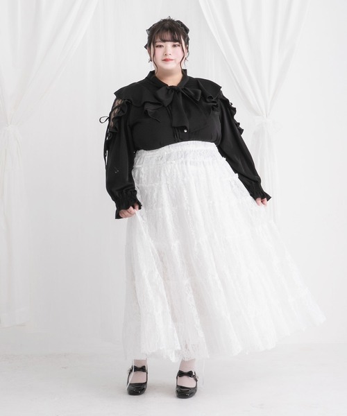 DearMyLoveWhip(ディアマイラブホイップ)の「【大きいサイズ】レースティアードロングスカート(スカート・レディース・ホワイト/ブラック・6L/5L/4L)」の2枚目の写真