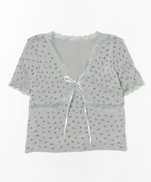 セール】Vネック 花柄 レース リボン 半袖 リブ トップス（T
