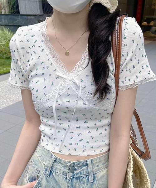 セール】Vネック 花柄 レース リボン 半袖 リブ トップス（T