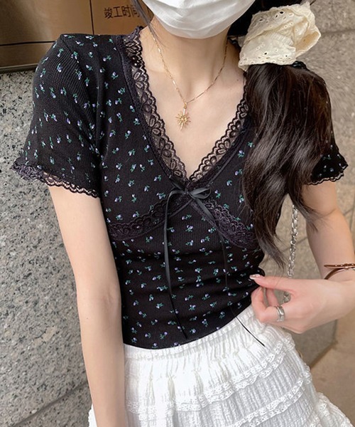 セール】Vネック 花柄 レース リボン 半袖 リブ トップス（T